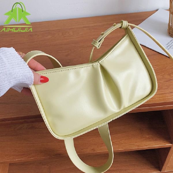 

evening bags pu leather pleated woman shoulder bag solid color handbags casual wide strap single female messenger