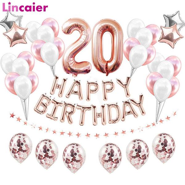 

party decoration 38pcs 32inch happy 20 birthday foil balloons rose gold blue pink number 20th years old decorations man woman supplie