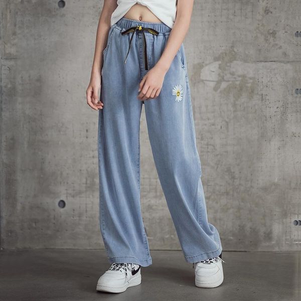 

girls jeans 2021 spring autumn new tencel embroidery jeans for teenagers clothes high waist loose kids trousers 8 10 12 years, Blue