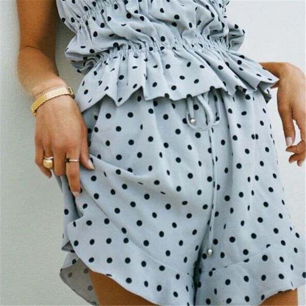 

2021 new polka dot print summer women elegant ruffle high elastic waist wide leg beach casual shorts female exah, White;black