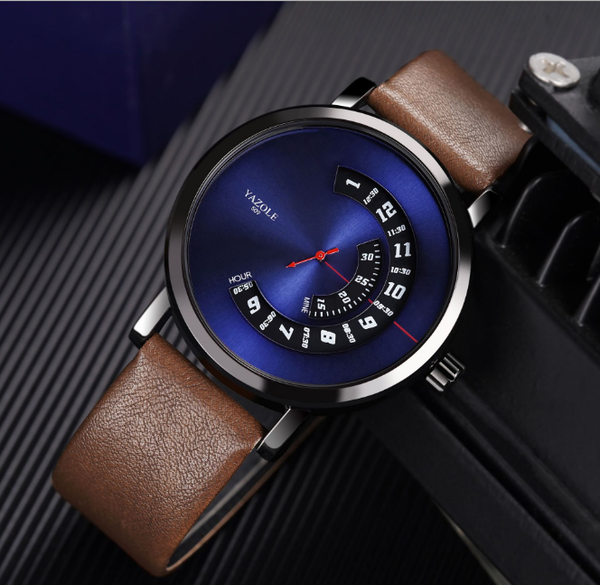 

yazolel unique dial personality turntable design mens watch smart sports clear world time watches leather strap youth wristwatches surprise, Slivery;brown