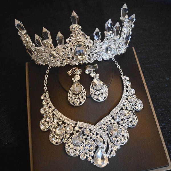 

luxury big rhinestone bridal jewelry sets crystal crown tiaras plated necklace earrings set for bride hair accessories h1022, Silver