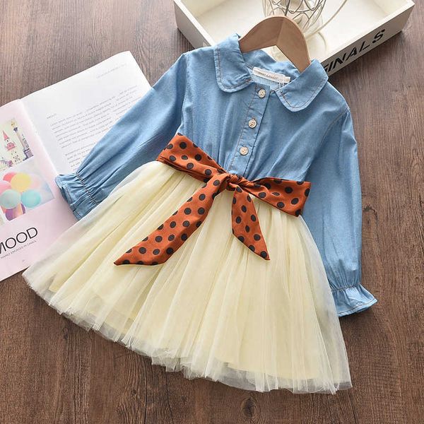 Kleinkind Mädchen Kleid Frühling Party Kleider Jean Mesh Prinzessin Kleid für Mädchen Kinder Kleid Mit Schärpen Frühling Kinder Kleidung G1026