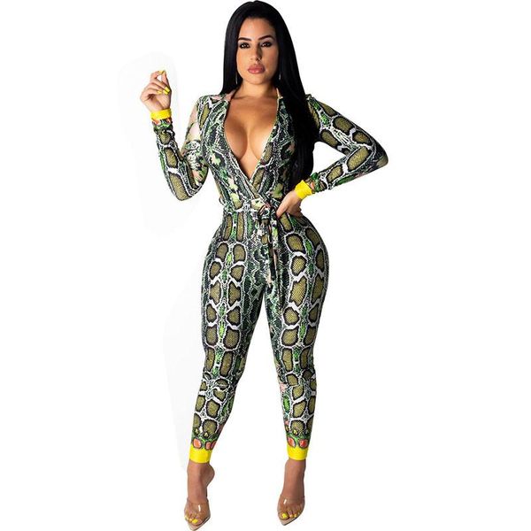 

women's jumpsuits & rompers deep v-neck leopard print womens jumpsuit long sleeve skinny overalls one piece club party bandage bodycon, Black;white