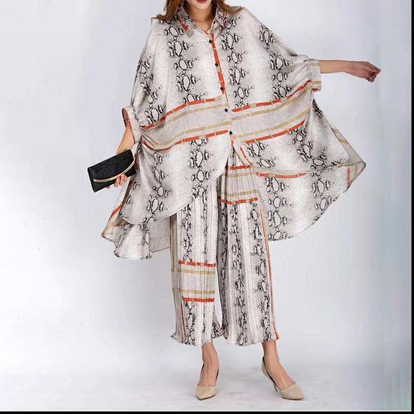 

ewq] 2021 spring summer lapel three quarter print patchwork two piece set women sinlge breasted shirt women large size 3aj91510, Gray