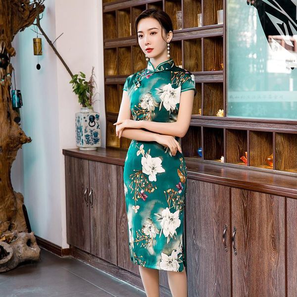 

ethnic clothing half length silk cheongsam, retro, suitable for daily wear, large size, printed, chinese, spring festival series 2021, Red
