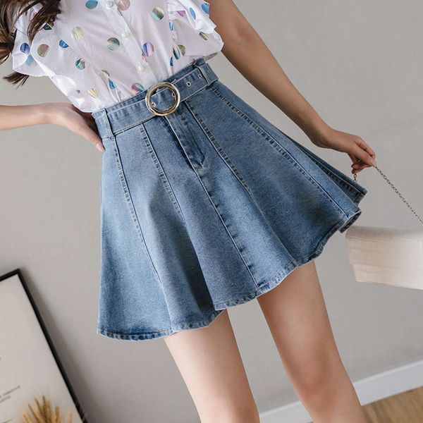 

summer 2021 new early spring small denim high waist umbrella a-line short skirt pants women's wear, Blue