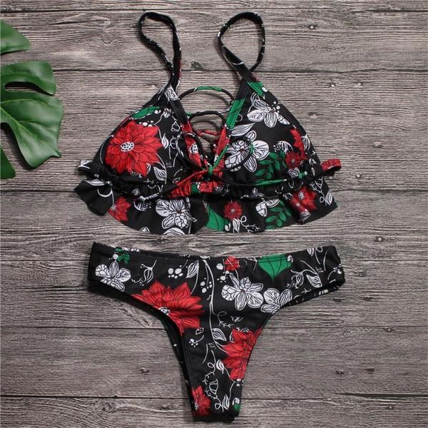 

women's swimwear nidalee 2021 ruffle print bikini set adjustable strap floral summer bathing low waist swimming suit padded bandage biq, White;black