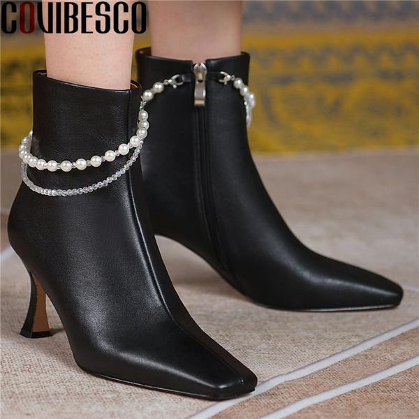 

boots covibesco women ankle fashion mature concise office party casual thin heels zip genuine leather string bead shoes woman, Black