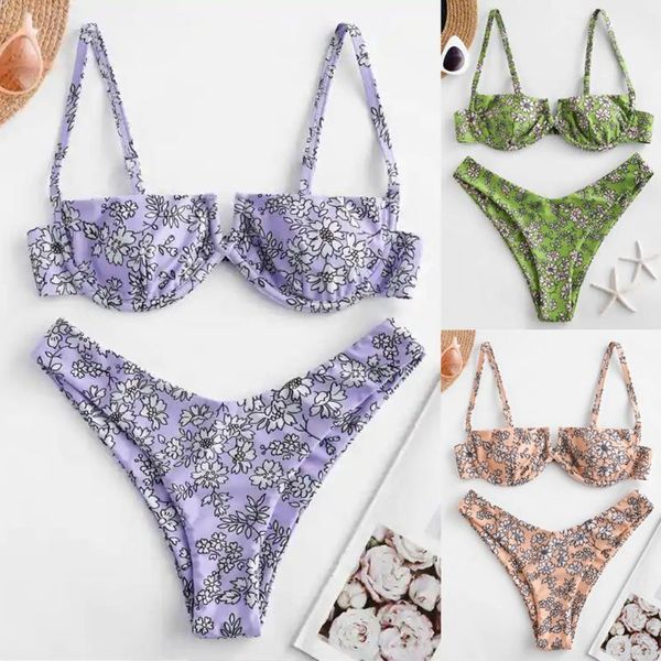 

swimwear women floral print high cut v wired bikini 2021 thong high waist bikini push up swimsuit beachwear bathing suit women