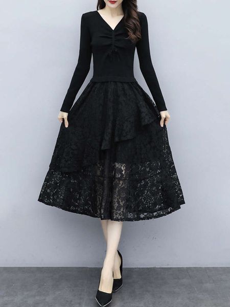 

fashion knitted dress women's autumn 2021 new korean goddess temperament show thin fake two lace skirts, Black;gray