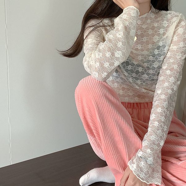 

spring autumn 2021 european shirt clothes leisure o-neck lace transparent women s ropa mujer bottoming t aczr, White