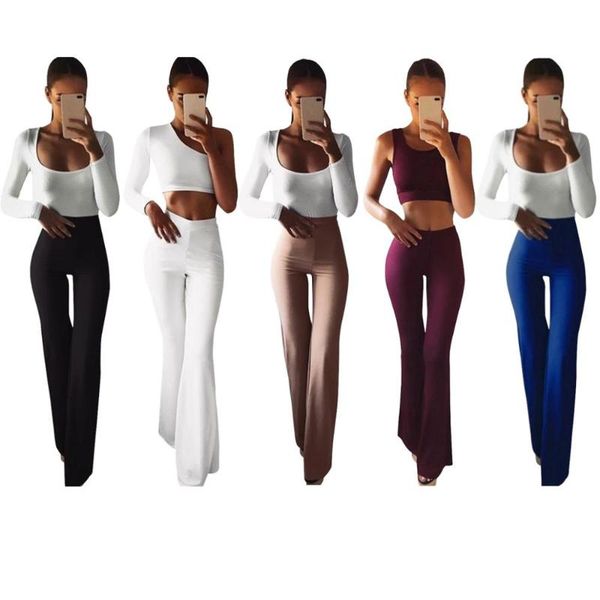 

women's pants & capris 2021 women solid high waist flare wide leg chic trousers bell bottom waisted cargo fashion, Black;white