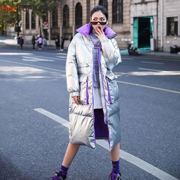 

women's down & parkas silver glossy women winter jacket 2021 long warm coat colour block design with big pockets drawstring tunic waist, Black