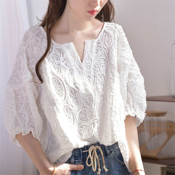 

summer korea fashion women v-neck loose embroidery lace blouse femme all-matched casual sweet shirts plus size s733 210225, White