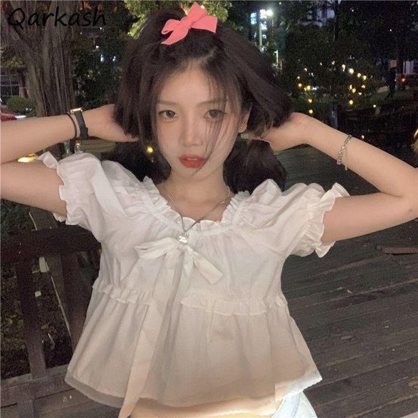 

women's blouses & shirts women solid loose crops femme ins casual puff sleeve all-match korean sweet bowknot chic design trendy summer, White