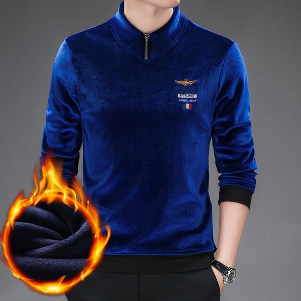 

men's plush thickened long sve t-shirt warm middle-aged and young golden veet men's casual stand collar embroidered bottom shirt, White;black