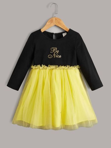 

toddler girls slogan graphic frill contrast mesh dress she, Red;yellow