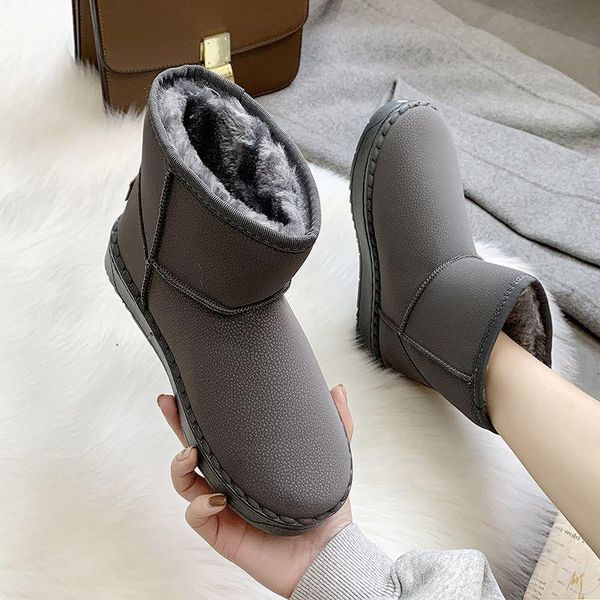 

boots black gray pu leather women snow slip on plush velvet cotton flat non-slip soles fluffy warm winter outdoor woman footwear