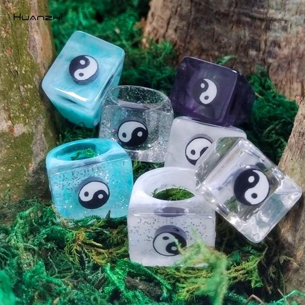 

cluster rings huanzhi 2021 yin yang tai chi transparent acrylic geometry square resin ring for women girls travel party jewelry, Golden;silver