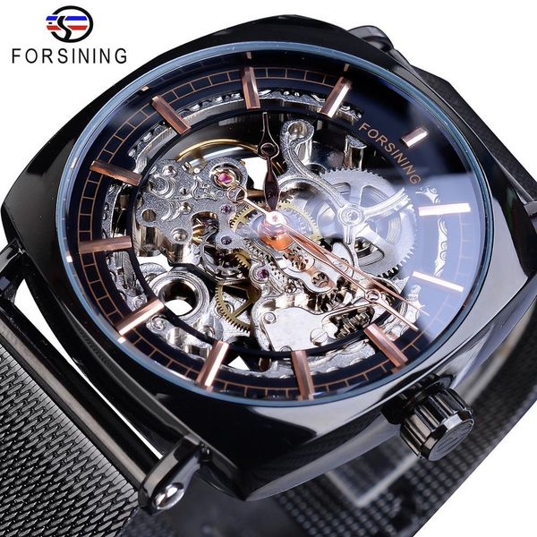 

watches forsining brand mens mechanical square retro automatic skeleton ultra thin black business mesh steel belts clock relogio, Slivery;brown