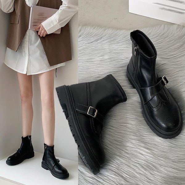 

boots women's ankle boots, retro style round toe zipper, Black