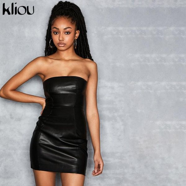 

casual dresses kliou faux leather mini party dress for women 2021 solid fashion backless sleeveless clubwear bodycon skinny, Black;gray