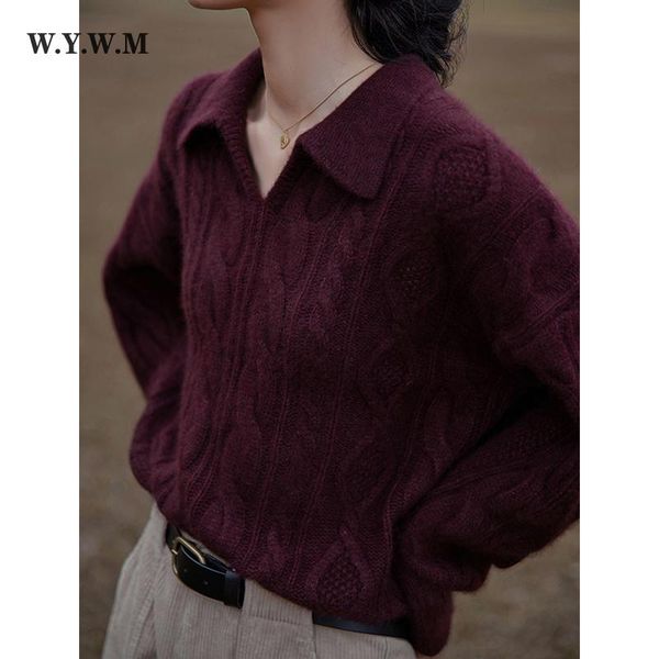 

women's sweaters wywm 2021 winter knitted sweater women korean vintage elegant turn-down collar pullover autumn solid long sleeve femal, White;black