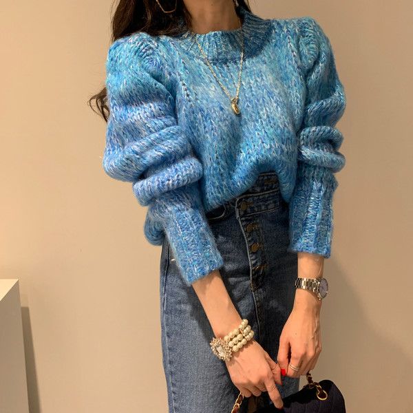 

2021 new autumn winter retro fashion mixed color o neck loose pullover sweater women ers8, White;black