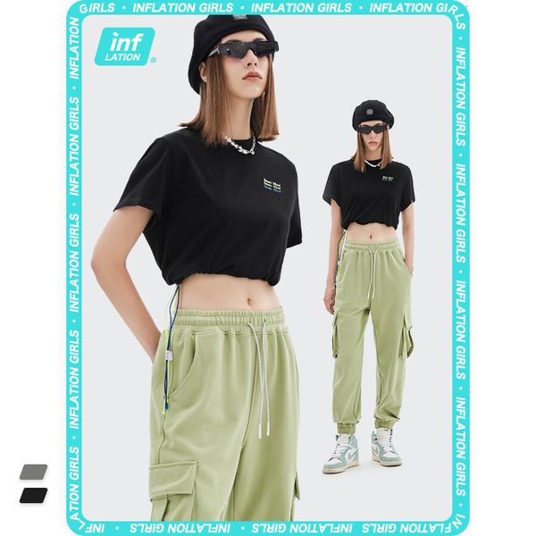 

t shirt inf women's clothing fashion brand net red personalized bottom drawstring english embroidery short sleeve, White