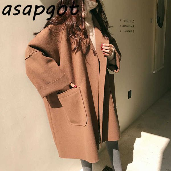 

asapgot wool & blends plus size woman winter coats and jackets autumn thick loose wool coat casual vintage chic lapel full 210610, Black