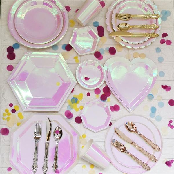

disposable dinnerware rose gold tableware sets paper plates/cups/straws iridescent wedding birthday party decor rainbow dish supplies