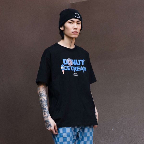 

vamtac 2021 spring and summer new style color contrast letter doughnut printing fashion brand men's and women's loose short sleeve, White;black