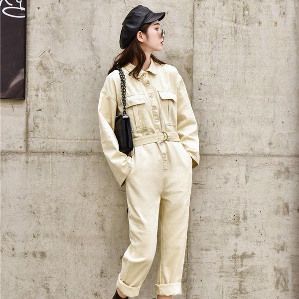 

women's jumpsuits & rompers denim jumpsuit women romper long sleeve belt green winter autumn jeans female 2021 streetwear overalls wj30, Black;white