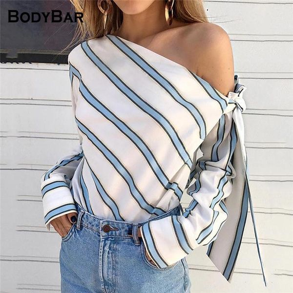 

women's blouses & shirts 2021 spring long-sleeved women stripe elegant blouse asymmetrical diagonal collar single-sleeved off-shoulder, White