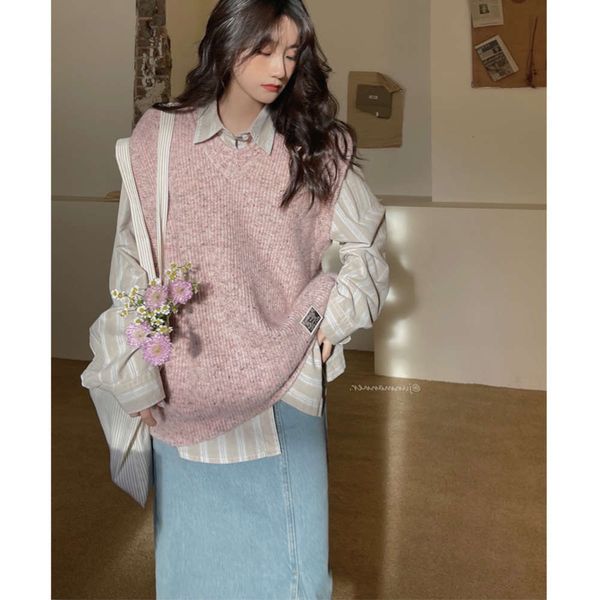 

peach cashmere sweater vest women's loose autumn winter v-neck knitted, White