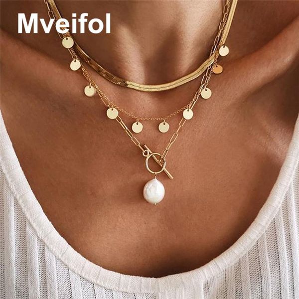 

pendant necklaces bohemian baroque pearl multi layered necklace for women fashion snake chain t bar geometric choker statement jewelry, Silver