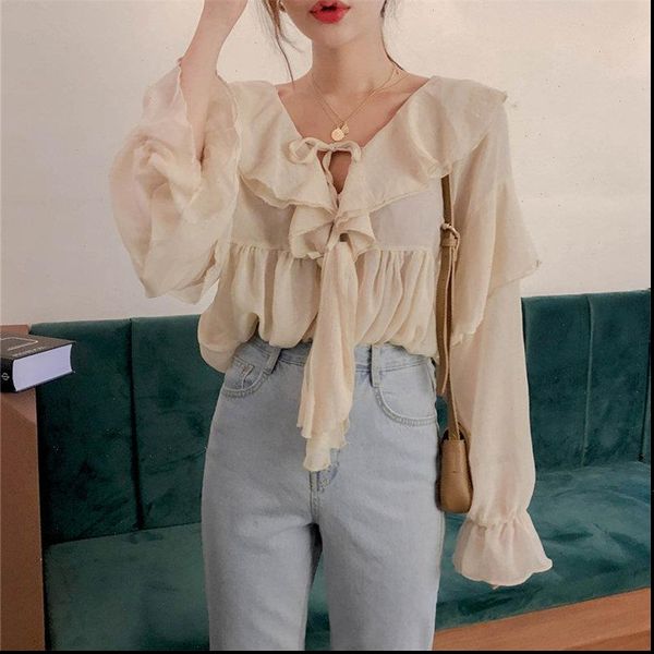 

double ruffles solid lace up flare sleeved 2021 elegance high street loose blouses cute sweet all match ol shirts, White