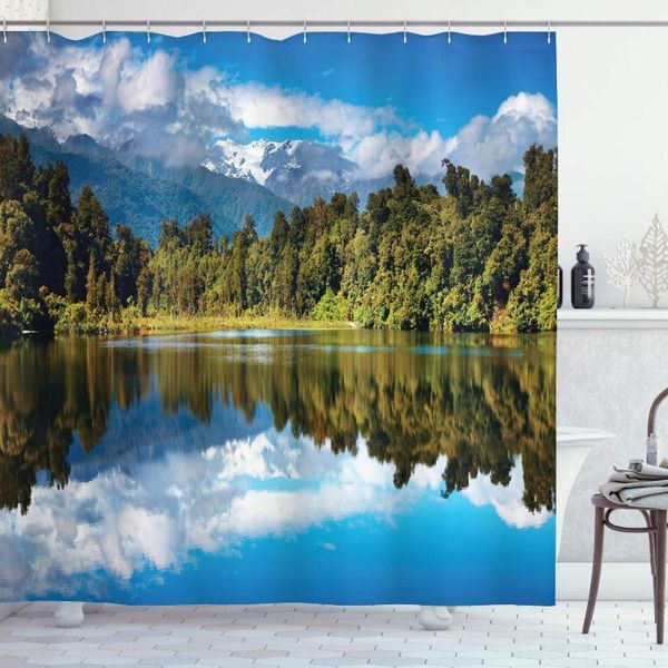 

shower curtains landscape curtain, mirror reflection on lake by the forest with cloudy sky in southern alps, cloth fabric bathroom decor