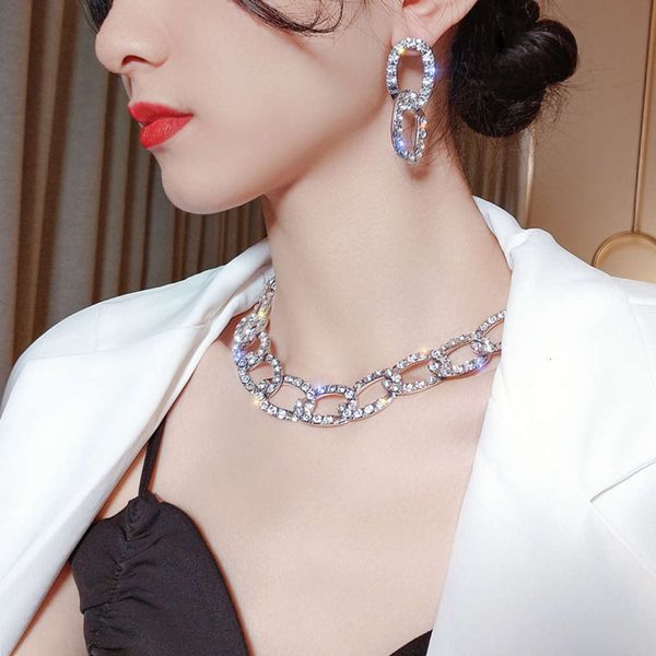 

chain light luxury thick rhinestone cuban female minority design feeling full diamond clavicle exaggerated neck, Silver