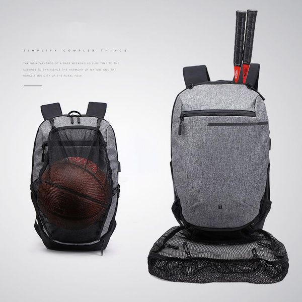 

outdoor bags multifunction usb charging backpack men waterproof fitness bag for teenager lapschool with football basketball net