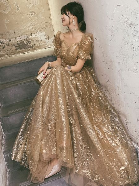 

Champagne Sweetheart Collar Puff Sleeve A Line Evening Dress Fashion Backless Vintage Bandage Prom Party Gown Female Party Dress