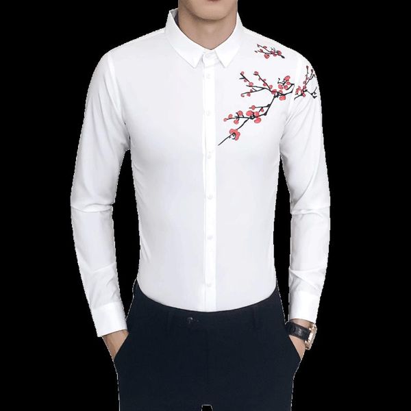 

men's casual shirts 2021 arrival men long sleeve floral plum embroidery fashion british style business slim fit shirt blouses, White;black