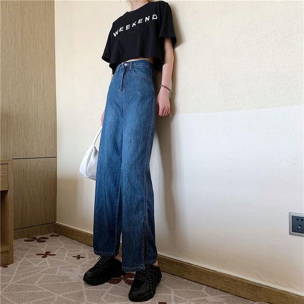 

women's jeans dd0277 style split loose and thin high-waisted straight wide-leg pants, Blue