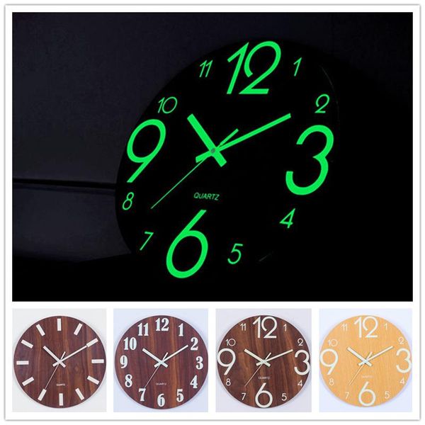 

wall clocks wooden luminous clock retro dark glowing number hanging slient modern night light watch decoration for living room bedroom