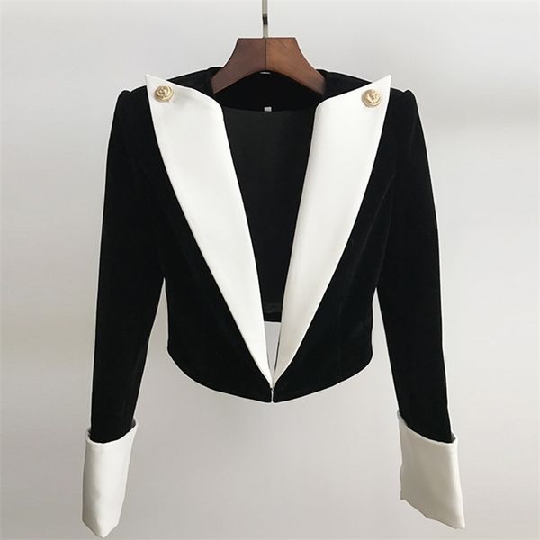 

high street est stylish designer jacket women's lion buttons color block patchwork velvet short blazer 210915, White;black