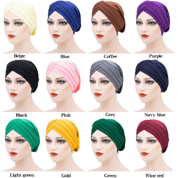 

women lady stretchy turban cross india hat head wrap chemo solid color bandana muslim caps headwear, Blue;gray