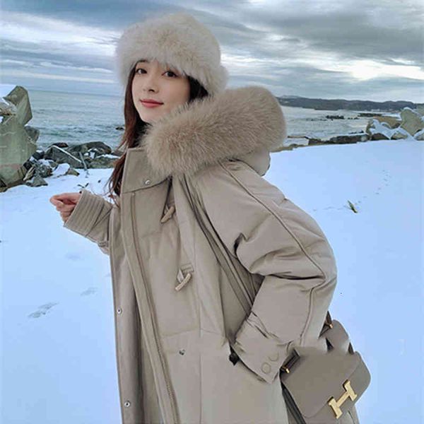 

women's parkas down ladies jacket 2021 korean version medium and long knee loose real fox big hair collar ox horn buckle for women, Black