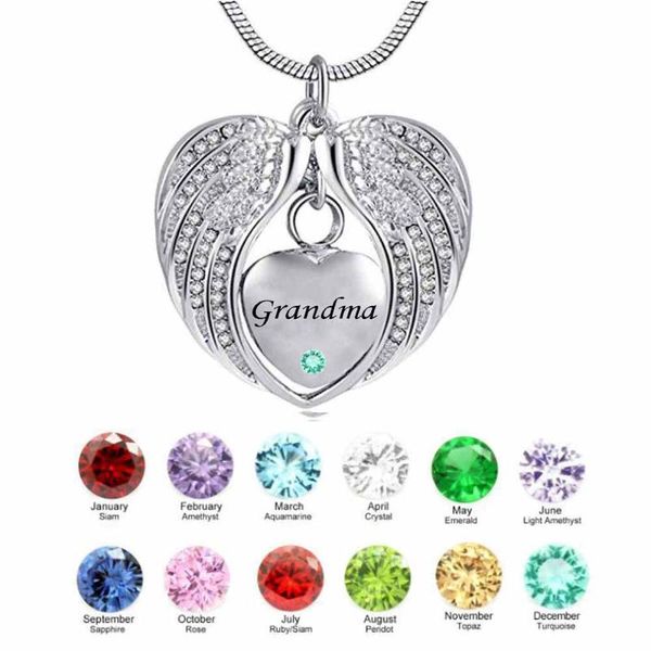 

pendant necklaces grandma angel wing birthstone cremation urn crystal necklace heart memorial stainless steel jewelry, Silver