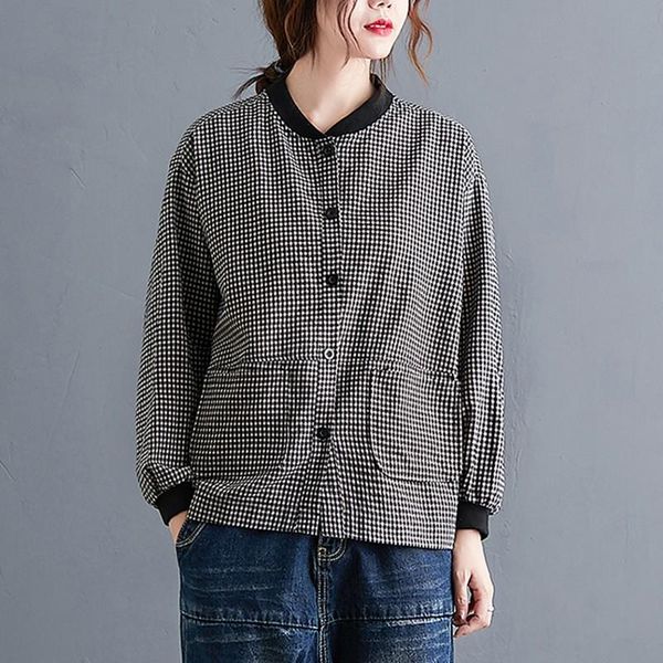 

women's jackets women long sleeve casual arrival 2021 autumn simple style vintage plaid loose female cotton outerwear coats b1020, Black;brown